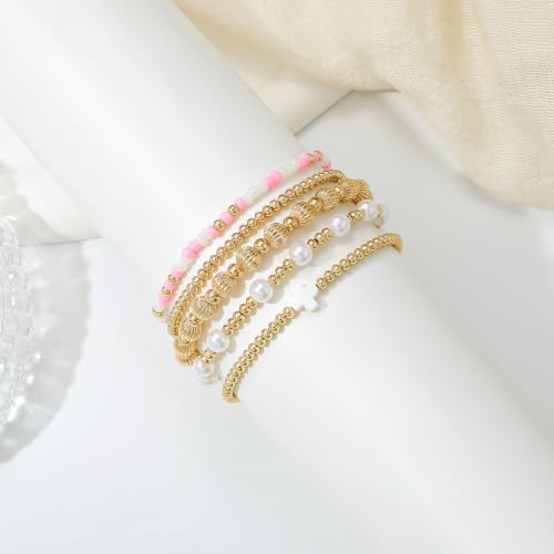 Dainty Gold Plated Pearl Crystal Beaded Bracelets Set for Women 14K Gold Plated Bead Pearl Beads Bracelet Stackable Paperclip Link Chain Bracelets Gold Plated Bracelets for Women Trendy Jewelry - color: Style4-gold bracelets set3