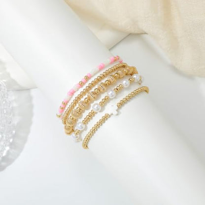 Dainty Gold Plated Pearl Crystal Beaded Bracelets Set for Women 14K Gold Plated Bead Pearl Beads Bracelet Stackable Paperclip Link Chain Bracelets Gold Plated Bracelets for Women Trendy Jewelry - color: Style4-gold bracelets set3