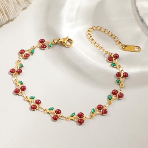 MALOYANVE Red Cherry Jewelry Set for Women 18K Gold Plated Sweet Fruit Dainty Cubic Zirconia Cherry Earring Necklace and Bracelet Summer Tropical Charm Accessories - color: Gold