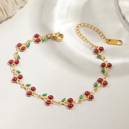 MALOYANVE Red Cherry Jewelry Set for Women 18K Gold Plated Sweet Fruit Dainty Cubic Zirconia Cherry Earring Necklace and Bracelet Summer Tropical Charm Accessories - color: Gold