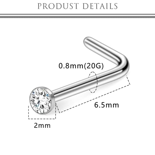 Hoeudjo Nose Studs Surgical Steel Cubic Zirconia Nose Rings Kit for Women Men Tiny Nose Stud Bone & Screw & L Shaped Nostril Piercing Jewelry 18/20/22/24 Gauge 10 Pieces - color: silver-tone,L-shaped nose studs, size: 20g/2mm clear CZ