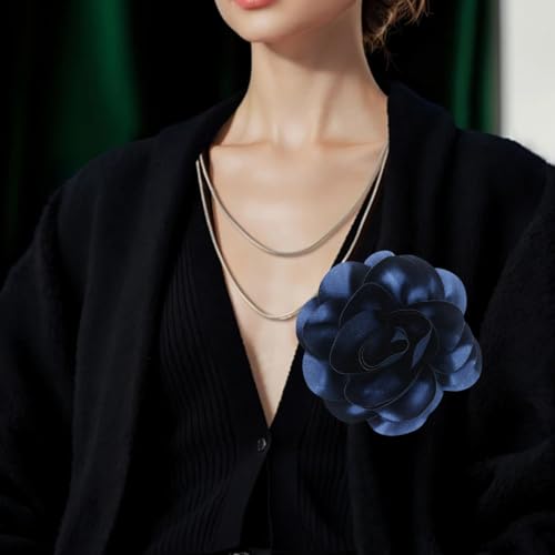 Large Rose Flower Brooches Chiffon Camellia Brooch Lapel Pins Hair Clips Hat Pins for Women Wedding Banquet Accessories Large Satin Flowers 5.5in - color: Navy Blue