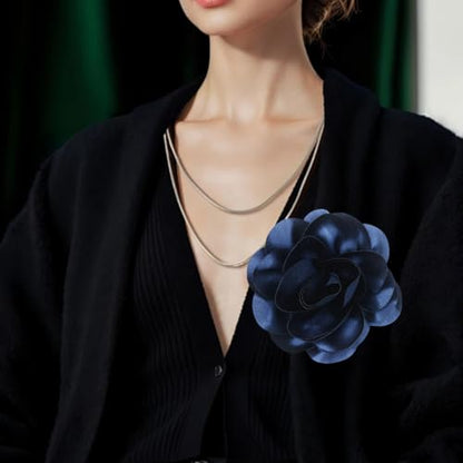 Large Rose Flower Brooches Chiffon Camellia Brooch Lapel Pins Hair Clips Hat Pins for Women Wedding Banquet Accessories Large Satin Flowers 5.5in - color: Navy Blue