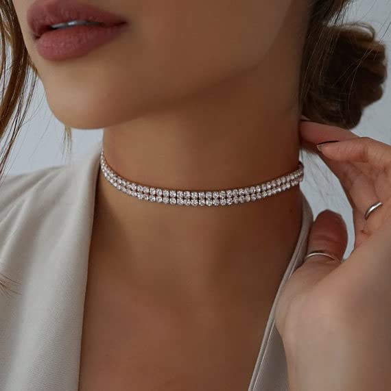 Tennis Necklaces for Women Sparkly Rhinestone Choker Diamond Chain Necklace - style: Silver 2 Row