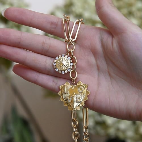 ORIGENCE Sun Heart Necklace for Women 18K Gold Plated Heart Pendant Necklace Chunky Chain Choker Necklaces Hip Hop Charm Necklaces Trendy Unisex Jewelry - style: 2Charm-Gold