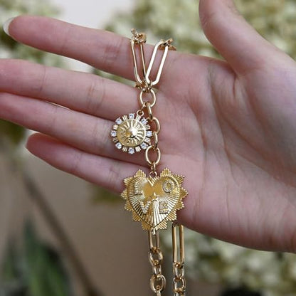 ORIGENCE Sun Heart Necklace for Women 18K Gold Plated Heart Pendant Necklace Chunky Chain Choker Necklaces Hip Hop Charm Necklaces Trendy Unisex Jewelry - style: 2Charm-Gold