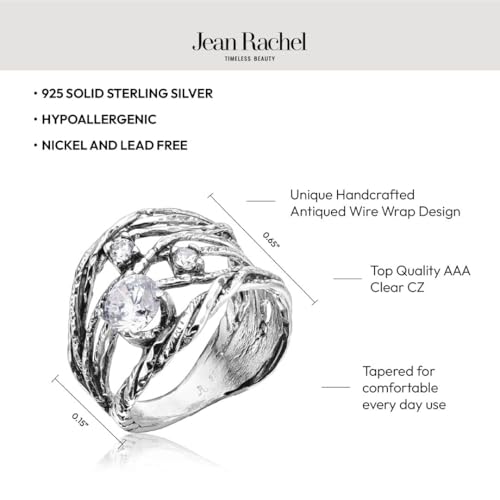 JEAN RACHEL JEWELRY 925 Sterling Silver Ring - Openwork Vintage Design with Prong Set Cubic Zirconia - Hypoallergenic, Lead & Nickel Free Jewelry - Artisan Handcrafted Statement Rings for Women