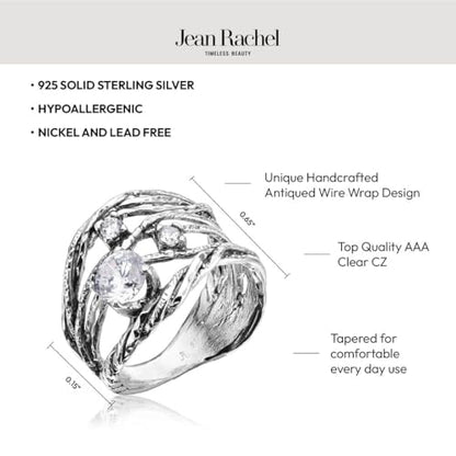 JEAN RACHEL JEWELRY 925 Sterling Silver Ring - Openwork Vintage Design with Prong Set Cubic Zirconia - Hypoallergenic, Lead & Nickel Free Jewelry - Artisan Handcrafted Statement Rings for Women
