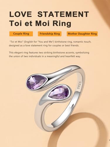 Bestyle Silver Birthstone Ring for Women, Dainty Sterling Silver Teardrop Ring Open Adjustable Band Ring, Love Statement TOI et Moi Ring Promise Ring for Her - color: 06.June ( Alexandrite)