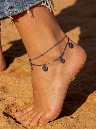 PROSTEEL Anklets for Women Waterproof, Silver/Gold/Black, Stainless Steel | Layered Anklets, Stainless Steel, Durable& No Tarnish, Summer Beach Jewelry, with Gift Box, 8-10.5" Adjustable, Plus Size - color: Black, size: Ball Station & Paperclip