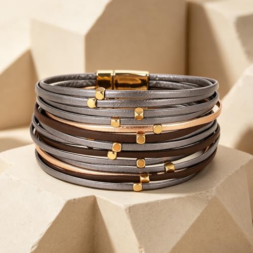 hotoo Leather Wrap Bracelet for Women - color: Multi-Strand (Gray-Gold)