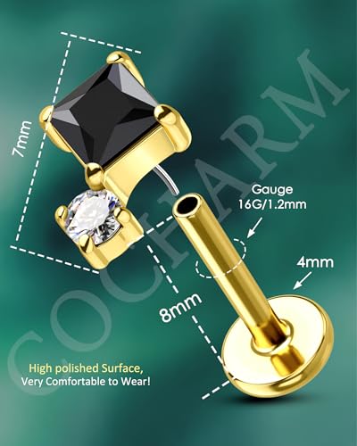 COCHARM 16G Threadless Labret Stud Earrings Flat Back Helix, Tragus, Cartilage,Conch Piercing Jewelry Square CZ Push Pin Lobe Stud 6mm 8mm 316L Steel Silver, Gold - color: Black, size: 1.2x8mm