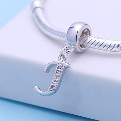 925 Sterling Silver Charms Alphabet Beads fit Pandora Charm Bracelets A-Z Letter Initial Spacer Dangle Clear CZ Stone Authentic for Snake Chain Bracelets - color: J