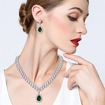 EVER FAITH CZ Marquise Leaf Teardrop Wedding Prom Jewelry Set for Women | Birthstone Pendant Necklace Dangle Earrings - color: Green