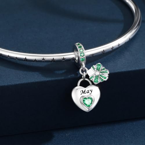 HappyStar 925 Sterling Silver Happy Birthday Bead Charm Love Heart Shape Birthstone Charms for Bracelets Dangle Pendant with 5A Cubic Zirconia Compatible Pandora Bracelets Jewelry Gift for Women - color: 5-May Birthstone Charms