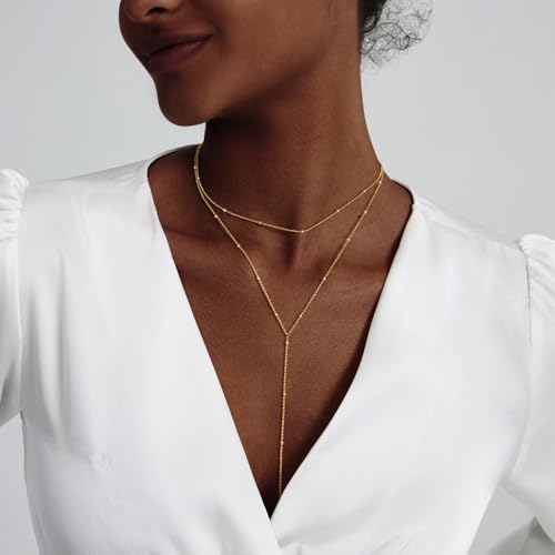 HERIER Lariat Gold Necklace for Women, Dainty Long Necklace 14k Gold Plated/Silver Y-Shaped Layered Beaded Chain Drop Necklaces for Women Trendy Simple Gold Jewelry for Women Gifts - color: Y Small Layered Bead-Gold