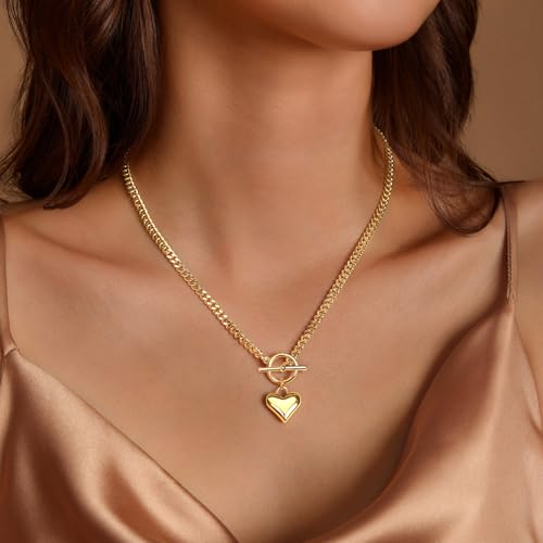 Zeffy 14K Gold/Silver Plated Chunky Thick Chain Toggle Clasp Necklace Dainty Baroque Pearl/Heart/Cross/Turquoise Pendant Necklace - color: Gold Small Heart Necklace