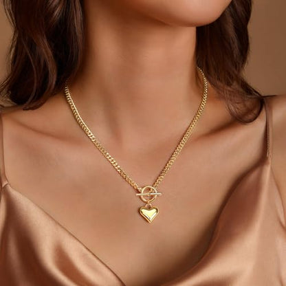 Zeffy 14K Gold/Silver Plated Chunky Thick Chain Toggle Clasp Necklace Dainty Baroque Pearl/Heart/Cross/Turquoise Pendant Necklace - color: Gold Small Heart Necklace