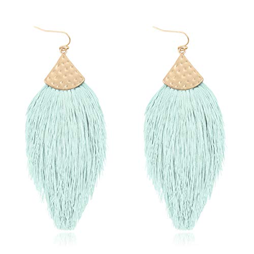Bohemian Thread Tassel Drop Earrings - Geometric Petal Fan Fringe Feather Statement Chandelier Duster Dangles - color: Classic Tassel Chandelier - Mint