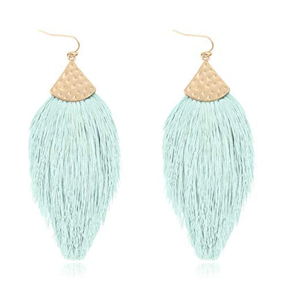 Bohemian Thread Tassel Drop Earrings - Geometric Petal Fan Fringe Feather Statement Chandelier Duster Dangles - color: Classic Tassel Chandelier - Mint