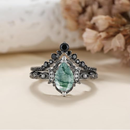 Moss Agate Bridal Wedding Rings Set for Women 925 Sterling Silver | Plated Platinum/Black Gold, Gothic, Vintage, Engagement Promise Ring, Anniversary Valentine Day Birthday Gift for Her - style: Black Gold Plating New Moon Halo Ring