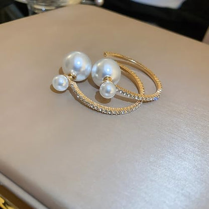 Large Pearl Rhinestone Crystal Hoop Earrings for Women,Gold Silver Cubic Zirconia Statement Hoop Earrings Party Holiday Jewelry Gifts