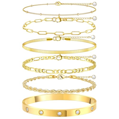 MOINSPIRE Bracelets for Women Non Tarnish, Dainty 18K Gold Plated Bracelets Stack Trendy Waterproof Stackable Bangles, Cuban Link Paperclip Chain Jewelry Set Fashion Accessories Gifts for Women - color: A1--Gold Clip Bead + Bracelet
