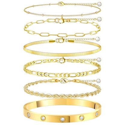 MOINSPIRE Bracelets for Women Non Tarnish, Dainty 18K Gold Plated Bracelets Stack Trendy Waterproof Stackable Bangles, Cuban Link Paperclip Chain Jewelry Set Fashion Accessories Gifts for Women - color: A1--Gold Clip Bead + Bracelet