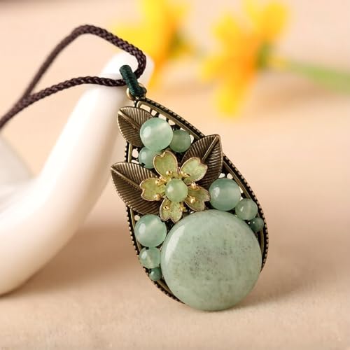 Natural Jade Stone Necklace, Adjustable Rope Chain Length Lucky Protection Friendship Charm Pendant Necklace for Women Friends Gifts