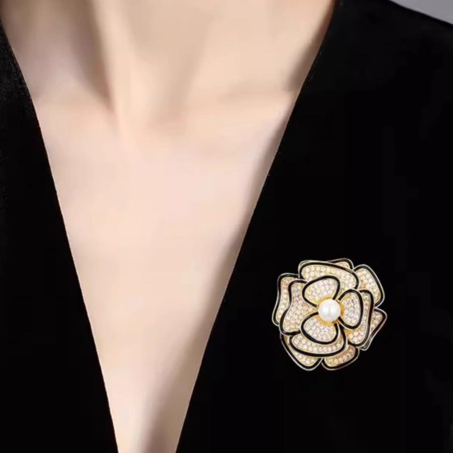 Elegant Floral Brooch Pins for Women, Crystal Pearl Rhinestone CZ Flower Lapel Pin Wedding Party Exquisite Brooches and Pins for Women Ladies - color: Gold+Black