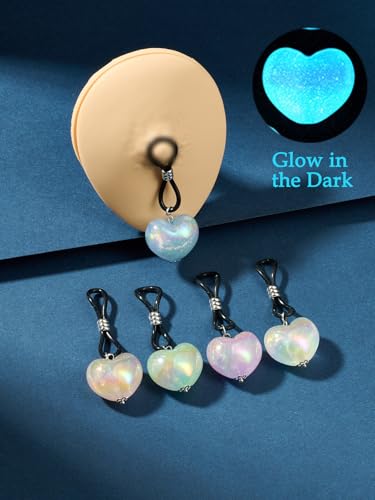 QWALIT 5pairs Glow in Dark Fake Nipple Piercing Fake Nipple Rings Adjustable Heart Elastic Nooses Silicone Cute Pearl Silver non-Piercing Faux Body Jewelry for Women Comfortable Valentine's Day
