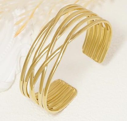 Multi-Layer Cuff Bracelet for Women Cross Wire Bracelets Open Wide Cuff Gold Bangle Bracelet - color: D
