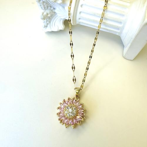 Sunflower Fidget Necklace for Women Gold Moon Necklace Rotating Heart Necklaces Spinning Crystal Flower Anxiety Necklaces Crescent Moons Jewelry Accessories - color: Pink