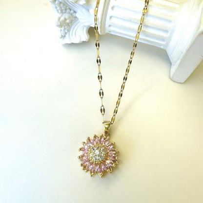 Sunflower Fidget Necklace for Women Gold Moon Necklace Rotating Heart Necklaces Spinning Crystal Flower Anxiety Necklaces Crescent Moons Jewelry Accessories - color: Pink