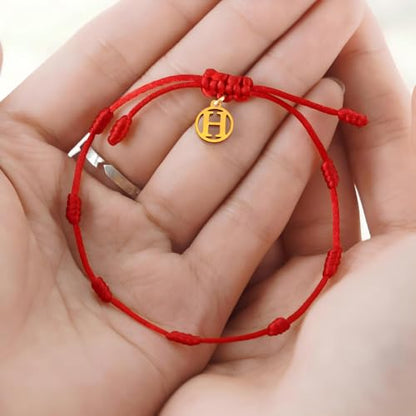 Red String Bracelet with Initial Letter and 7 Protective Knots – Adjustable Kabbalah Bracelet for Women & Men, Personalized Good Luck Charm for Positive Energy - color: H