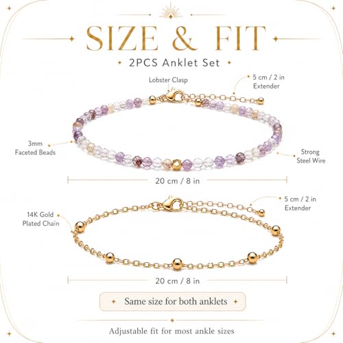 2Pcs Beaded Anklets for Women, Natural Stone Bead Ankle Bracelets with 14K Gold Plated Chain, Waterproof Adjustable Layered Anklet Set, Boho Beach Summer Jewelry Gift - color: Amethyst