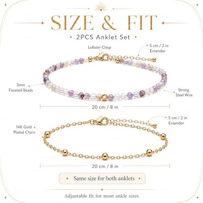 2Pcs Beaded Anklets for Women, Natural Stone Bead Ankle Bracelets with 14K Gold Plated Chain, Waterproof Adjustable Layered Anklet Set, Boho Beach Summer Jewelry Gift - color: Amethyst