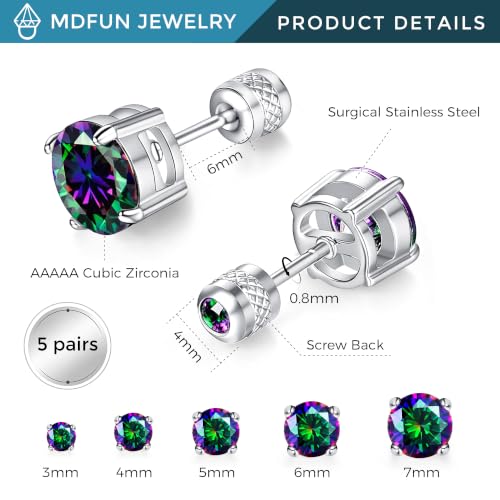 5 Pairs Screw Back Stud Earrings Set, Cubic Zirconia Stud Earring for Women Men Hypoallergenic 316L Surgical Stainless Steel Round Cut CZ 3-7mm - color: White-Rainbow