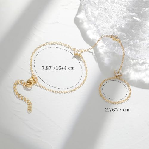 Emibele Gold Bracelets for Women, 18K Gold Plated Hand Chain, Cubic Zirconia Stainless Steel Non Tarnish Hand Chain Bracelet with Finger Ring, Adjustable Trendy Jewelry Valentines Day Gifts for Women - style: Four Leaf Flower