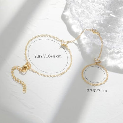 Emibele Gold Bracelets for Women, 18K Gold Plated Hand Chain, Cubic Zirconia Stainless Steel Non Tarnish Hand Chain Bracelet with Finger Ring, Adjustable Trendy Jewelry Valentines Day Gifts for Women - style: Four Leaf Flower