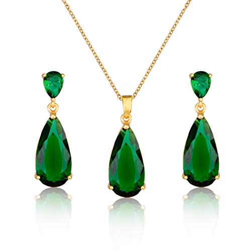 Wedding Jewelry Set for Bridesmaids - Sterling Silver Teardrop CZ Crystal Cubic Zirconia Rhinestone Diamond Bridal Necklace Earrings Set for Bride Mother of Bride Party Prom Birthstone Costume Jewelry - color: May-Emerald