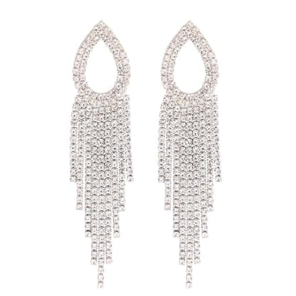 Rhinestone Teardrop Tassel Earrings Sparkly Crystal Bridal Party Jewelry for Women - color: Silver