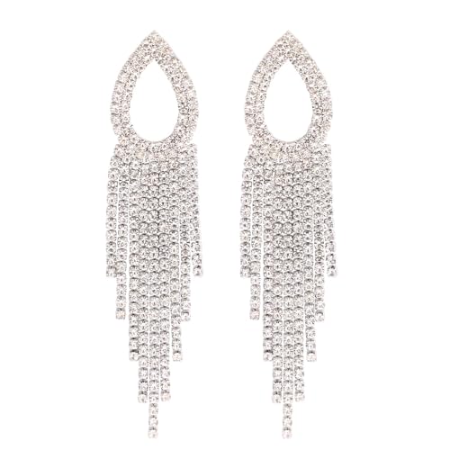 Rhinestone Teardrop Tassel Earrings Sparkly Crystal Bridal Party Jewelry for Women - color: Silver