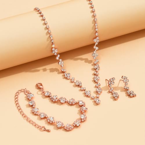 Prom Earrings Necklace Bracelet Set Elegant Crystal Rhinestone Necklace Earrings Bracelet Bridal Wedding Prom Dresses Costume Outfit Gold Jewelry Sets for Women - color: Rose Gold