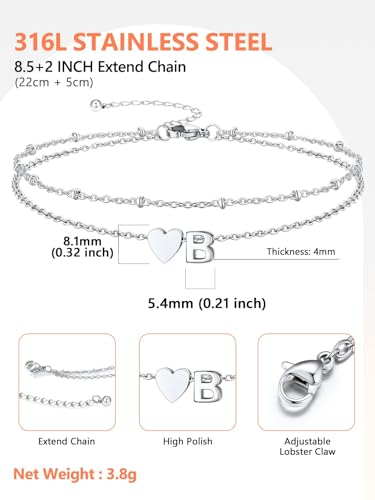 Ankle Bracelets for Women Waterproof 14K Gold/Silver/Black Initial Anklet for Women Dainty Layered Heart Ankle Bracelets Stainless Steel Adjustable Foot Chain Anklet Summer Beach Jewelry - color: B-Silver