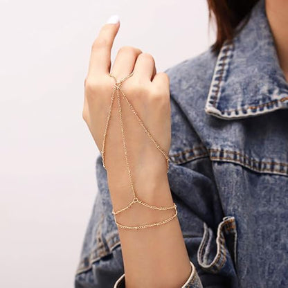 Vivian&CD Trendy Gold Hand Chain Bracelet for Women, 14k Gold Plated Dainty Ring Bracelet, Hypoallergenic Finger Nail Bracelet with Zircon Sequins or Satellite Chain - Elegant Jewelry Gift for Women - style: Gold Layering