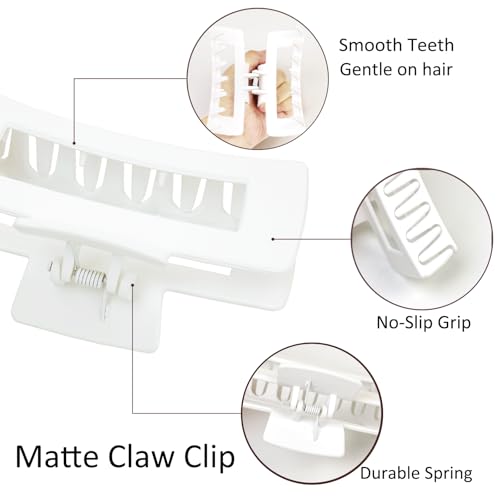 Hair Accessories Set Pack of 6 – 3 Medium Hair Clips for Women, 3 Big Satin Scrunchies for Hair, Non-Slip Matte Square Hair Claw Clips, Back to School, Birthday Gift, Daily Use (White) - color: White