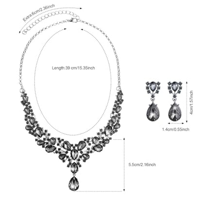 Hicarer Bridal Teardrop Cluster Crystal Jewelry Set for Women Necklace Earrings Wedding - color: Gray Black