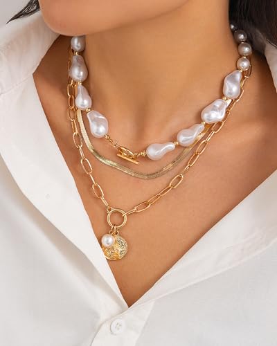 Gold Layered Necklaces for Women Chunky Layered Gold Necklaces Stacked Paperclip Chain Pearl Necklace Herringbone Toggle Clasp Choker Trendy Statement Jewelry Gifts - color: A7:chunky gold necklaces
