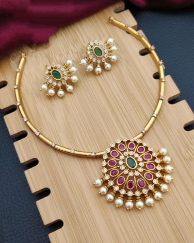 Antique Gold Plated Temple Jewellery Necklace Set with Earrings for Women, Traditional Indian Bridal Necklace Set, South Indian Choker Haram Style Jewellery Set, Ethnic Wedding Party Wear Necklace Set for Women - color: AD-Neck-174